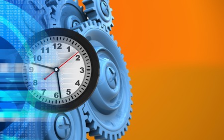 3d illustration of clock over orange background with blue gears
