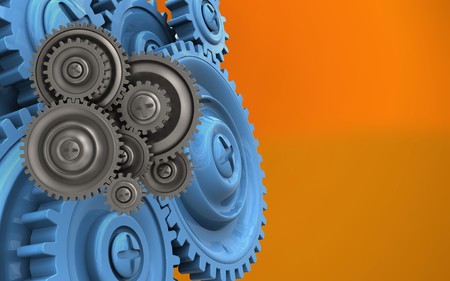 3d illustration of gear wheels over orange background with blue gears