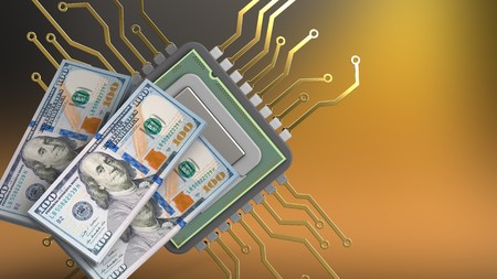 3d illustration of cpu over yellow background with money banknotes