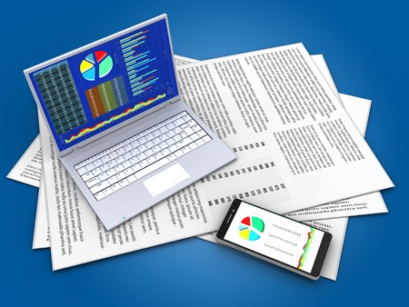 3d illustration of papers and pc over blue background