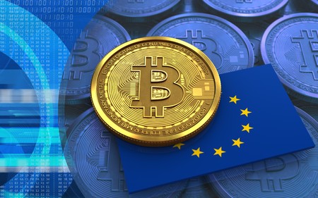 3d illustration of bitcoin over blue coins background with EU flag