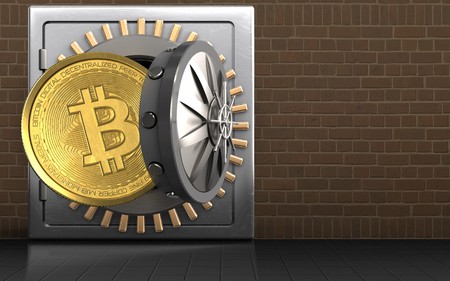 3d illustration of metal safe with bitcoin over bricks backgroundの写真素材