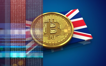 3d illustration of bitcoin over blue background with UK flagの写真素材