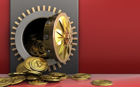3d illustration of metal box with bitcoins heap over red backgroundの写真素材