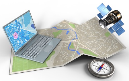 3d illustration of map paper with computer and gps satelliteの写真素材