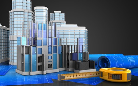 3d illustration of construction progress with urban scene over black backgroundの写真素材