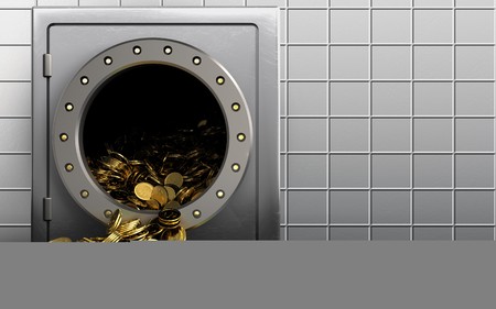 3d illustration of metal safe with golden coins over white wall backgroundの写真素材