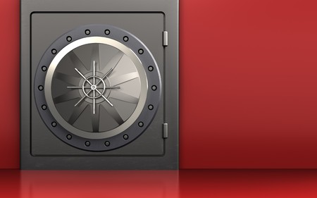 3d illustration of metal safe with vault door over red backgroundの写真素材