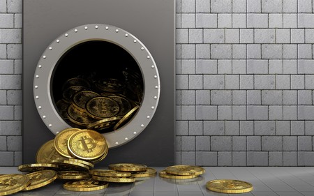 3d illustration of metal box with bitcoins heap over white stones backgroundの写真素材