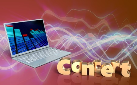 3d illustration of laptop computer over red sound wave background with concert signの写真素材