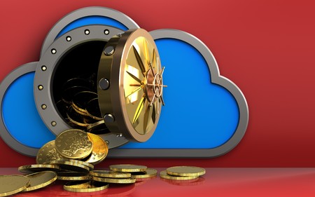 3d illustration of cloud with coins over red backgroundの写真素材