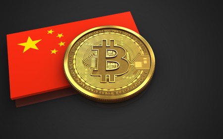 3d illustration of bitcoin over black background with china flagの写真素材