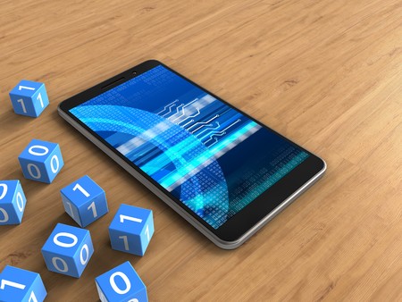 3d illustration of mobile phone over wooden background with binary cubes and