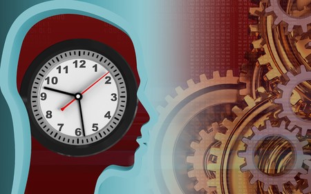3d illustration of clock over red background with gears systemの写真素材