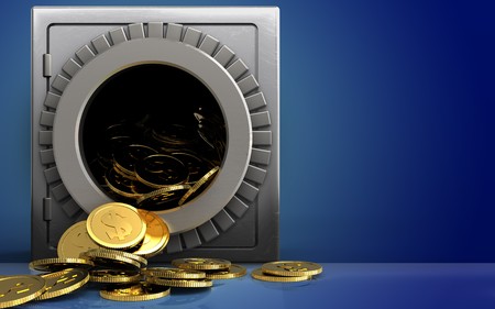 3d illustration of metal safe with dollar coins over blue backgroundの写真素材