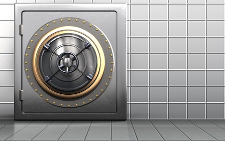 3d illustration of metal safe with closed bank door over white wall background