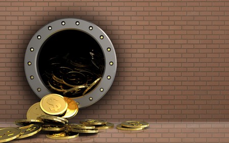 3d illustration of dollar coins storage over bricks wall backgroundの写真素材