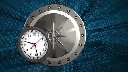 3d illustration of valut door over binary background with clock