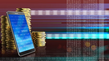 3d illustration of coins over red cyber background with mobile phone