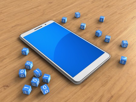 3d illustration of white phone over wooden background with binary cubesの写真素材