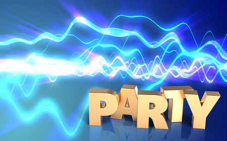 3d illustration of party sign over sound waves blue backgroundの写真素材