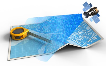 3d illustration of city map with measure tool and satellite digital signalの写真素材