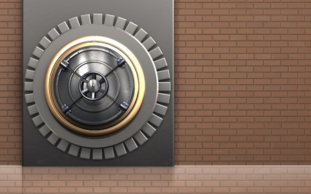 3d illustration of metal box with closed bank door over bricks wall backgroundの写真素材
