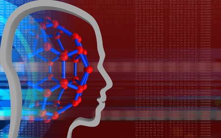 3d illustration of molecular structure over red background with head contour