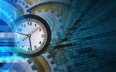 3d illustration of clock over binary background with gears