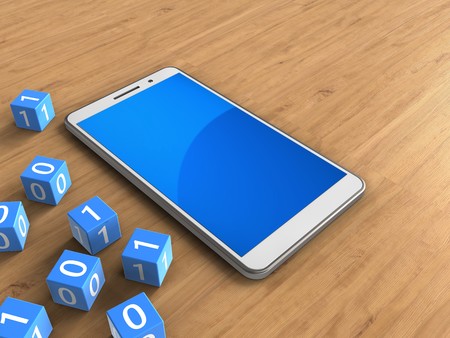 3d illustration of white phone over wooden background with binary cubes andの写真素材