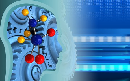 3d illustration of molecule over cyber background with blue gears
