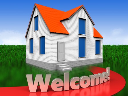 3d illustration of house with welcome sign over meadow backgroundの写真素材