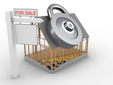 3d illustration of house frame over white background with code lock and sale signの写真素材
