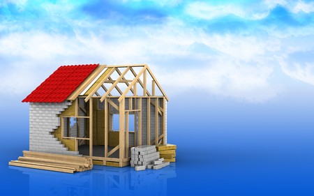 3d illustration of frame house over sky backgroundの写真素材