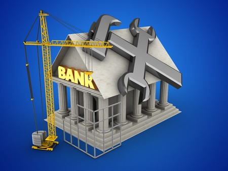 3d illustration of Bank over blue background with repair symbol and construction siteの写真素材
