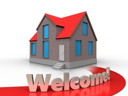 3d illustration of house with welcome sign over white backgroundの写真素材