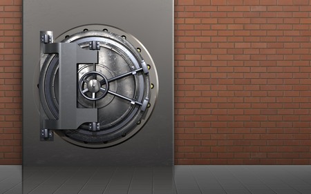 3d illustration of metal box with steel door over red bricks backgroundの写真素材