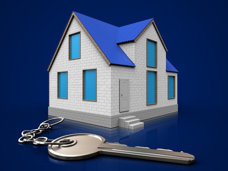 3d illustration of home with key over dark blue backgroundの写真素材