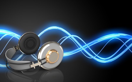 3d illustration of headphones over sound wave black backgroundの写真素材
