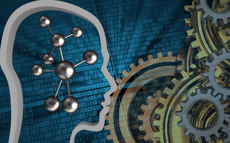 3d illustration of molecule over binary background with gears systemの写真素材