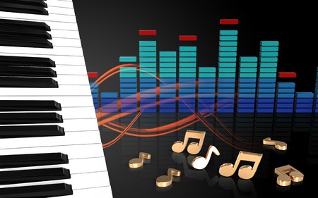 3d illustration of piano keys over sound wave orange background with notesの写真素材