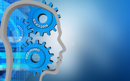 3d illustration of success system over blue background with head contourの写真素材