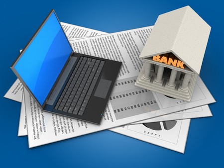 3d illustration of documents and black laptop over blue background with bankの写真素材