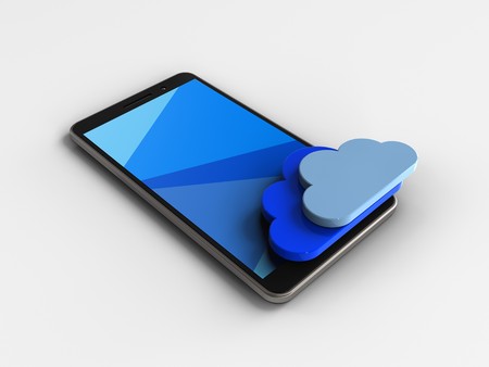 3d illustration of mobile phone over white background with cloudsの写真素材