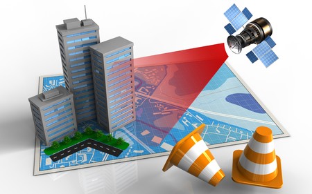 3d illustration of blue map with city buildings and satellite