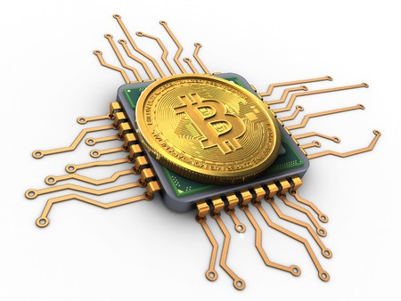 3d illustration of bitcoin over white background with cpuの写真素材