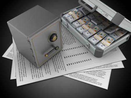 3d illustration of papers and safe over black background with caseの写真素材
