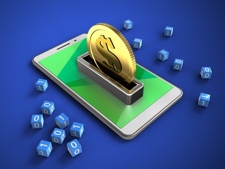 3d illustration of white phone over blue background with binary cubes and coin
