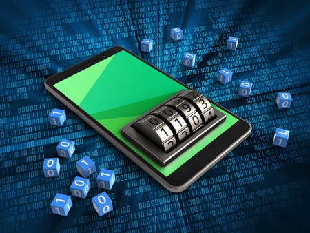3d illustration of mobile phone over digital background with binary cubes and lock dialの写真素材