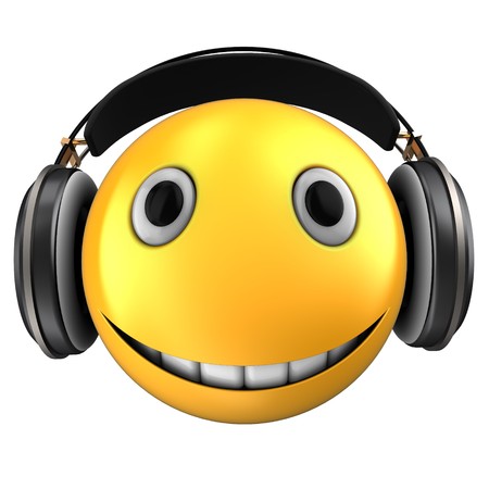 3d illustration of yellow emoticon smile with black headphones over white backgroundの写真素材
